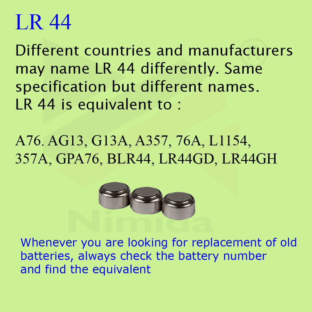 Nimida LR44 / AG13 / G13A / 357A 1.5V Alkaline Button Coin Cell Battery | Batteries for Electronic Toys, Digital Watch, Candle Diya, Thermometer | 0% Hg