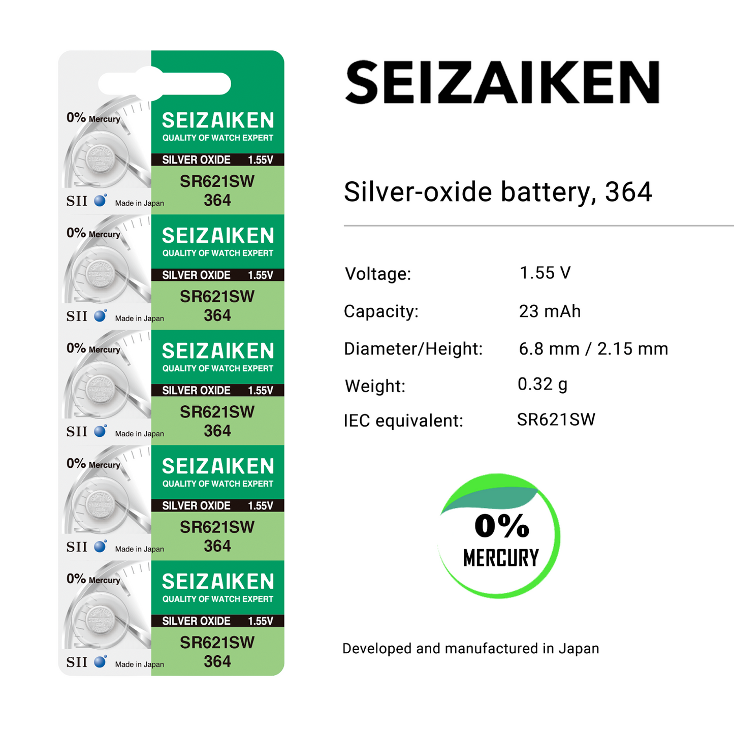Seizaiken SR621SW / 364 Silver Oxide Coin Battery 1.55 V | Suitable for use in Watches