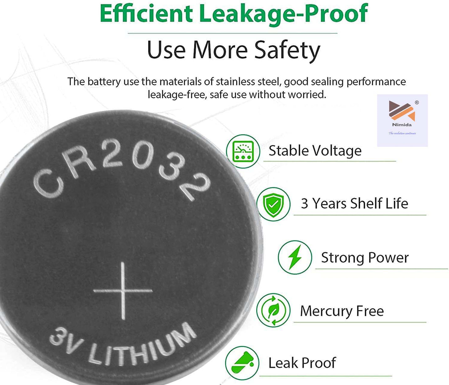 Nimida CR2032 Lithium Coin Battery 3V, Pack of 5 Suitable for use in Calculators, keyfobs, Scales, wearables etc.