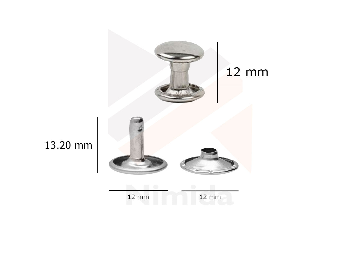 Nimida® Double Cap Rivets | Metal | Large Size-12 mm | Colour Silver | for DIY Leather Craft