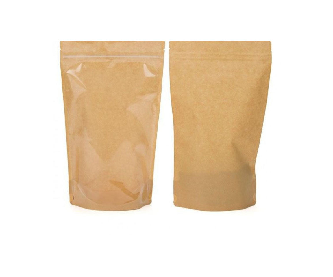 Nimida® Kraft Paper Biodegradable Stand up/Zipper pouch with one side clear window | Size 4” x 6” (100 mm x 150 mm) with tear notch Capacity approx. 100 gms
