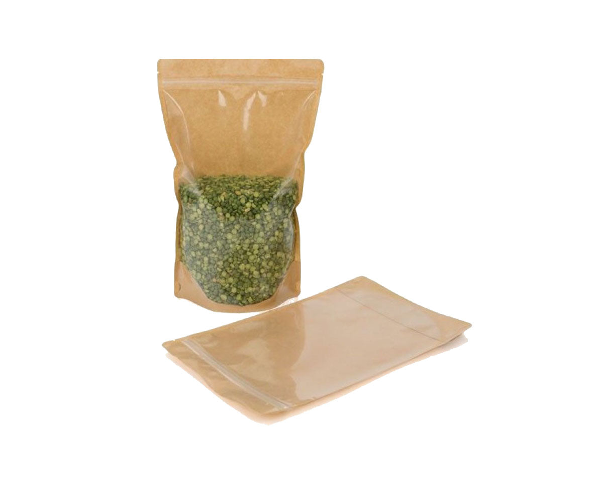 Nimida® Kraft Paper Biodegradable Stand up/Zipper pouch with one side clear window | Size 4” x 6” (100 mm x 150 mm) with tear notch Capacity approx. 100 gms