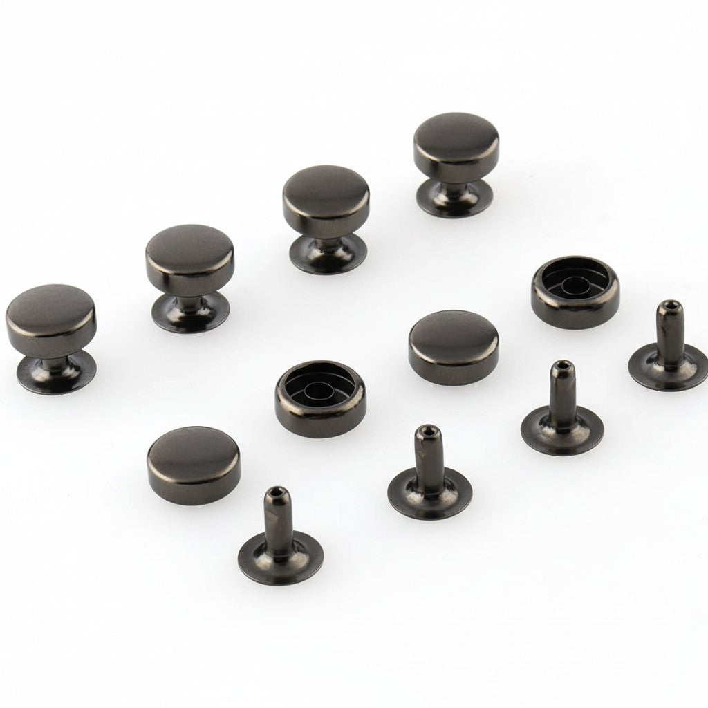 Nimida ® Tablet Style Round Headed Flat Double Capped Metal Tubular Rivets Buttons | Gun Metal | 9 mm | for DIY Leather Shoes Bag Bracelet Style Rapid Studs