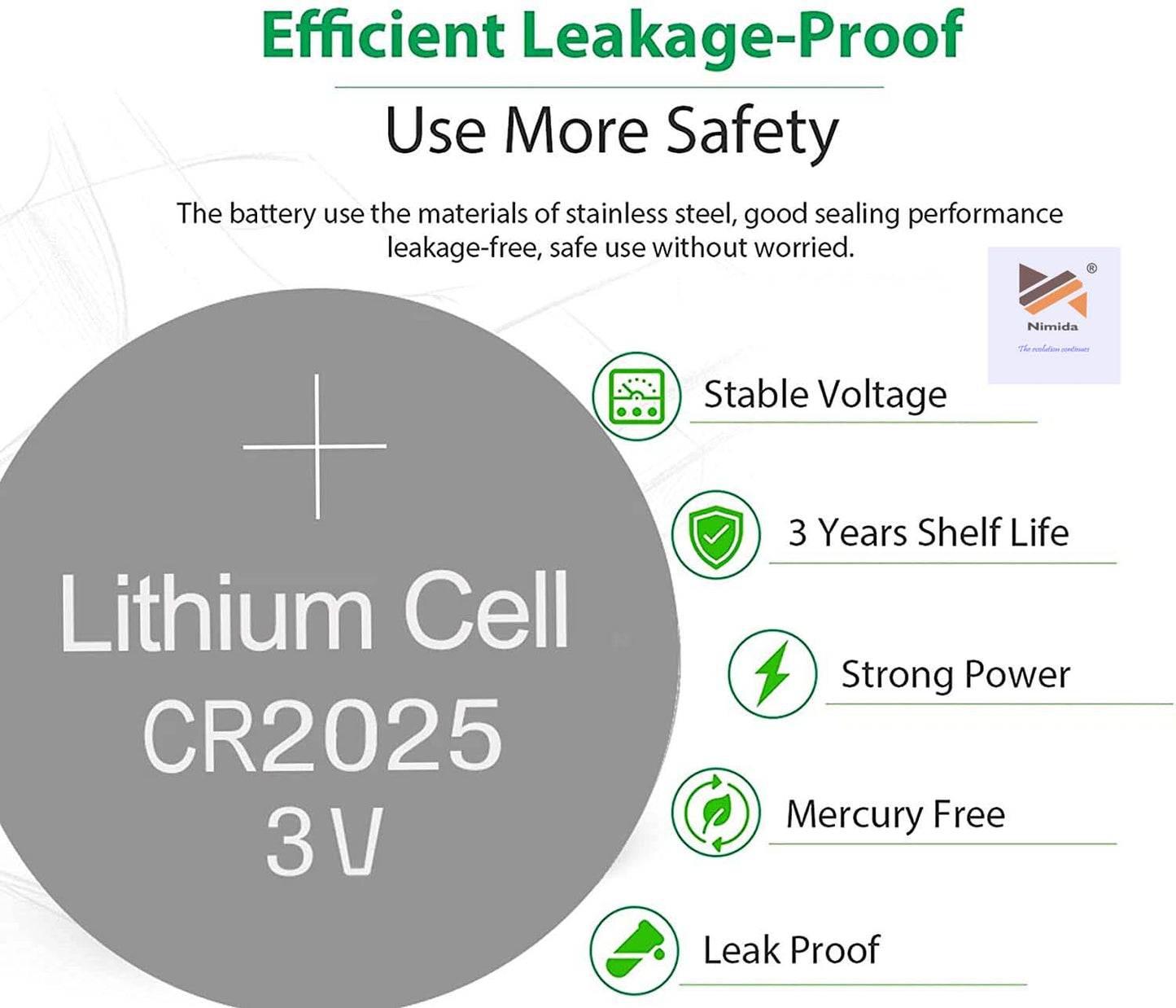 Nimida CR2025 Micro Lithium Coin Battery 3V, Suitable for use in Calculators, keyfobs, Scales, wearables and Medical Devices